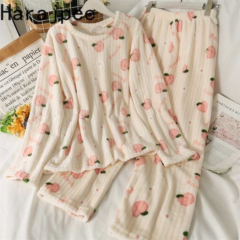 

Harajpee Women's Pajama Autumn Winter Suit O-Neck Loose Thin Long Sleeve Pajamas Peach Printed Elastic Waist Straight Pants 211109, Apricot