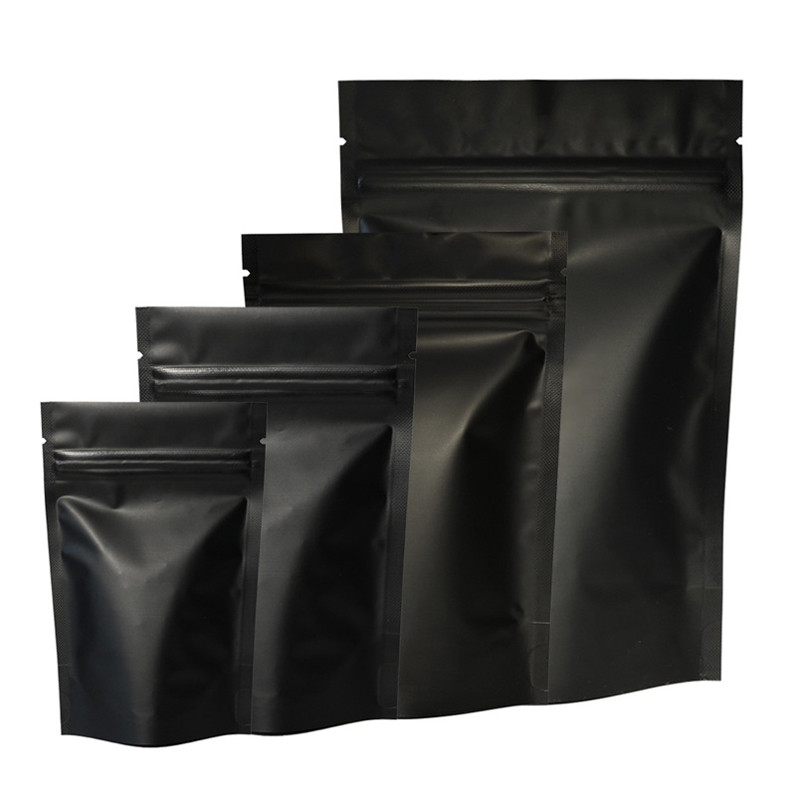 

Heat Seal Zipper Package Bags Aluminum Foil Mylar Tear Notch Matte Black Stand Up Bag Wholesale LX3649