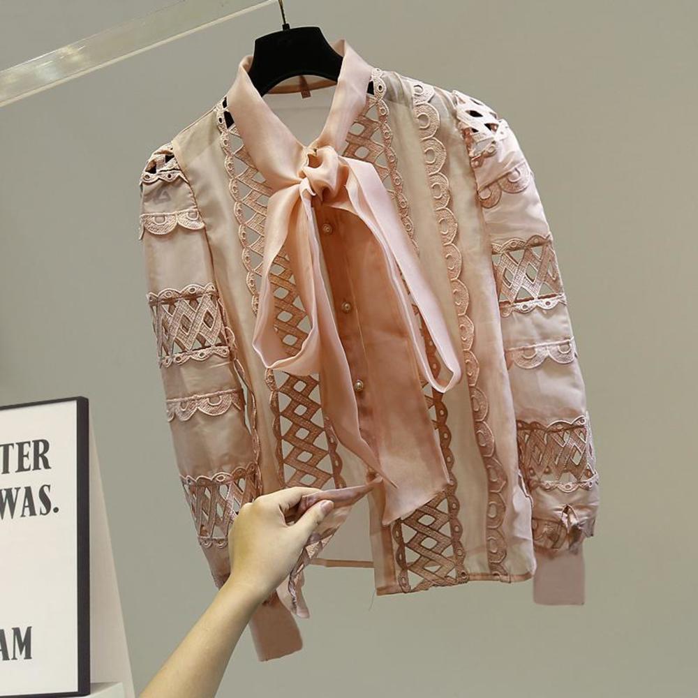 

Sweet Bow Lace Blouse Women Sexy Perspective Mesh Lace Shirt Long Sleeve All-match Outwear Blouses Lady Autumn New Clothes, White