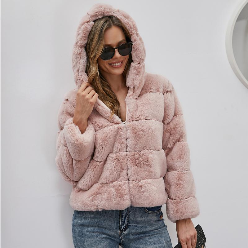 

Women's Fur & Faux Autumn Winter Loose Hooded Plush Jacket Large Size Imitation Coat Youth Student Pink Cardigan Overcoat, Black