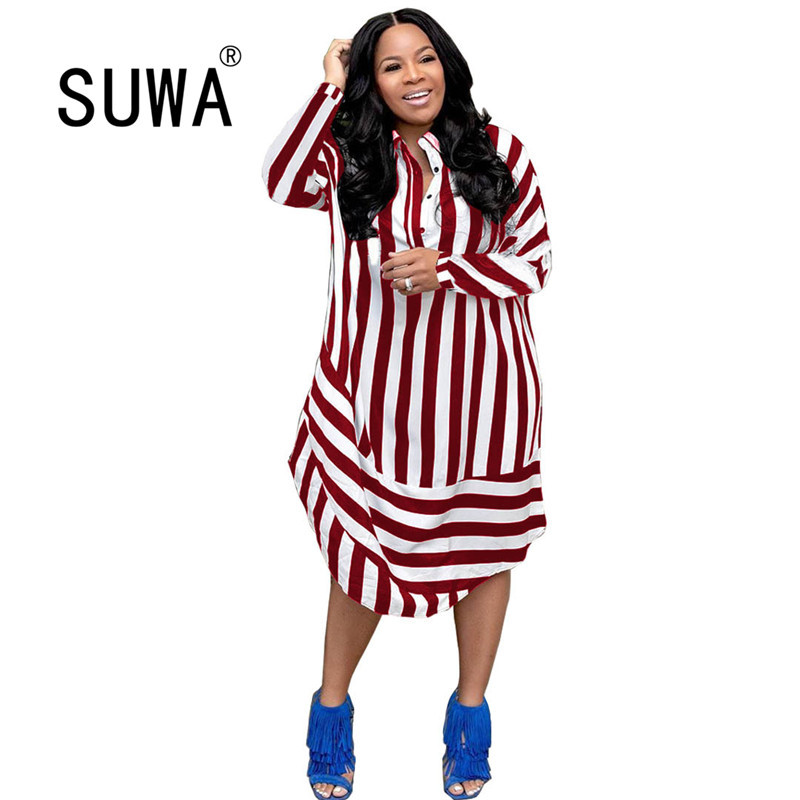 

Women Long Sleeve Button Detail Shirt Blouse Dress Casual Loose Striped Midi Wholesale Product Work 210525, Red