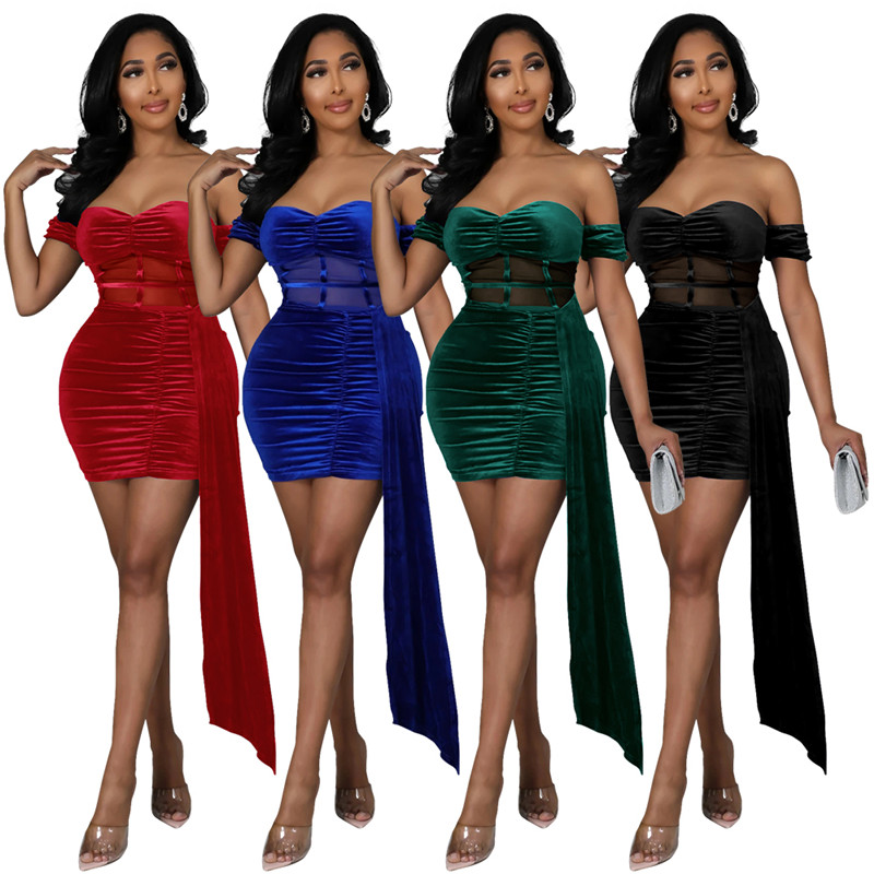 

10 Pcs Club Dresses Women Velvet Strapless Dress Sexy Slash Neck Mini Skirt Nightclub Wear See Through hollow out Package Hip Dress Bulk Item 6973, Mix color