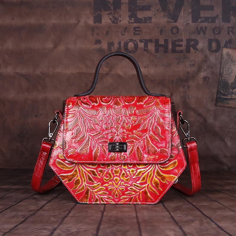 

Form 2021 Retro Embossed Handbag Genuine Leather Women Bag Floral Hasp First Layer Cowhide Shoulder Messenger Bags