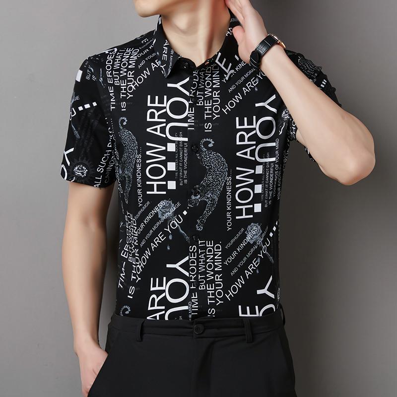 Men's Casual Shirts Fashion Letter Printed Men Short Sleeve Shirt Male Business Formal Dress Slim Fit Social Office Clothing-image-747343508