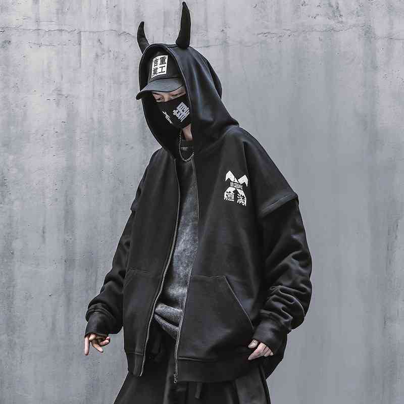 

Guochao Jiye heavy industry Niu zhuanqiankun spring sweater zipper jacket men's and women's loose casual hooded cardigan, Black