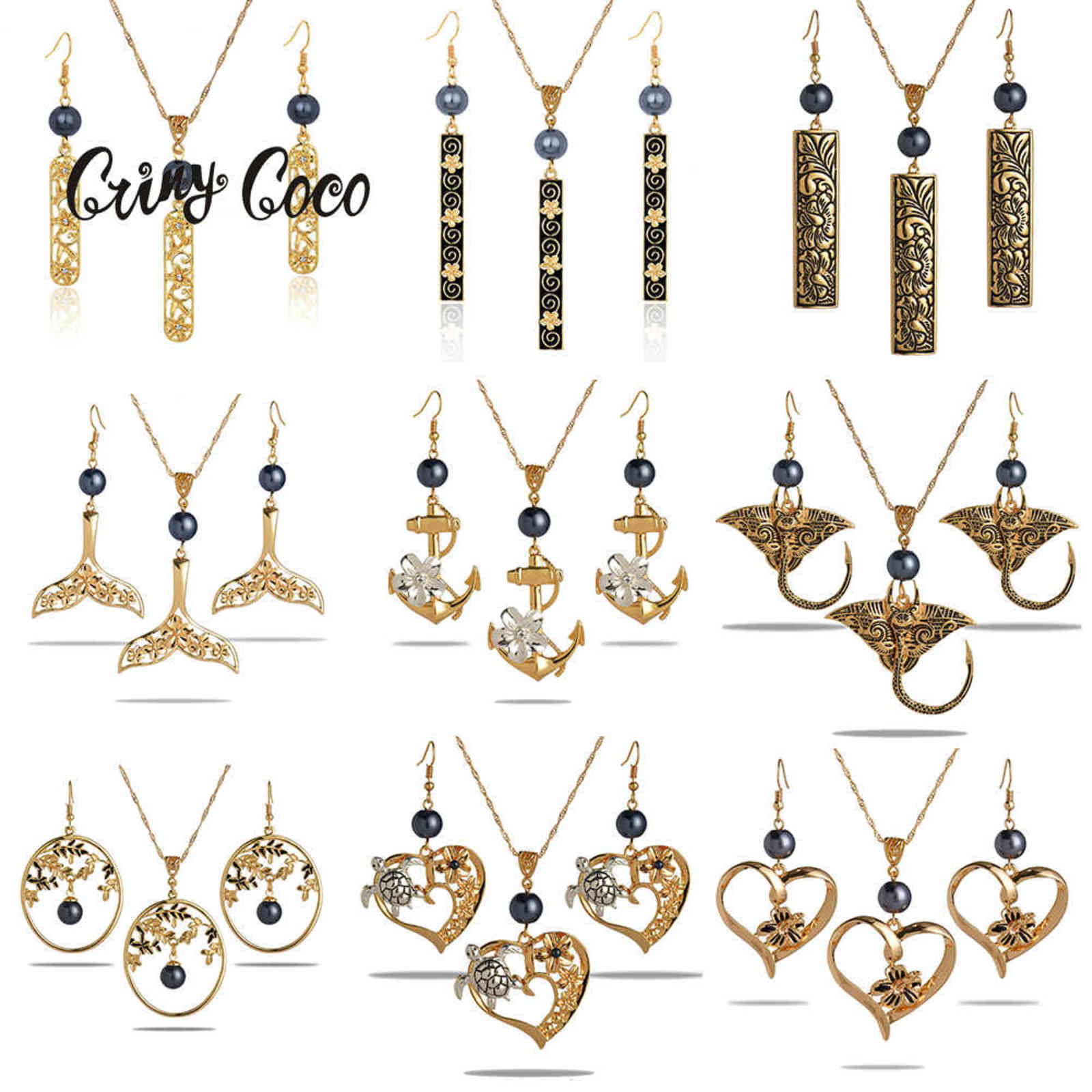 

Cring Coco Hawaiian Heart Jewelry Sets Marshallese Pohnpei Anchor Stingrays Turtle Pendants Earrings Necklaces Set for Women New
