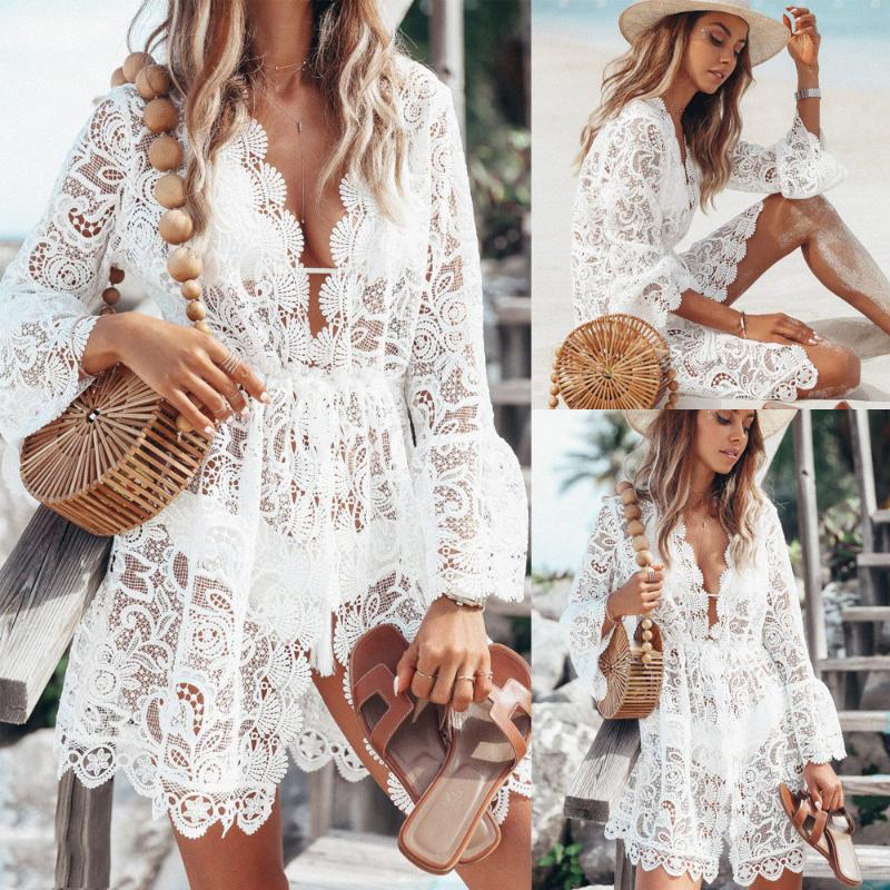 Sexy Dentelle Robe Tunique Femmes Plage Bikini Cover Up Floral Creux Crochet Maillot De Bain Col En V À Manches Longues Maillot De Bain Beachwear