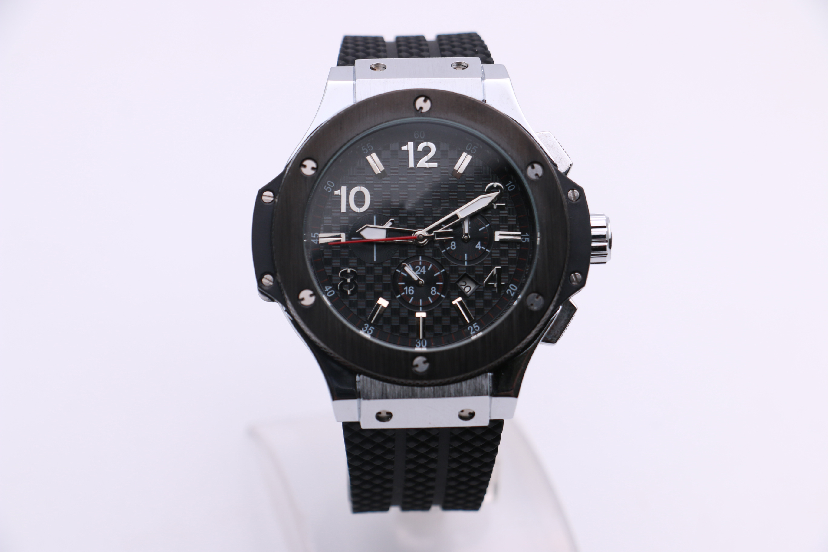 

Men's Mechanical Watch NX Modern Fashion Business Black Stainless Steel Case Rubber Strap Grid Cross Dial Red Six-Hand Multi-function Calendar, Multi-color