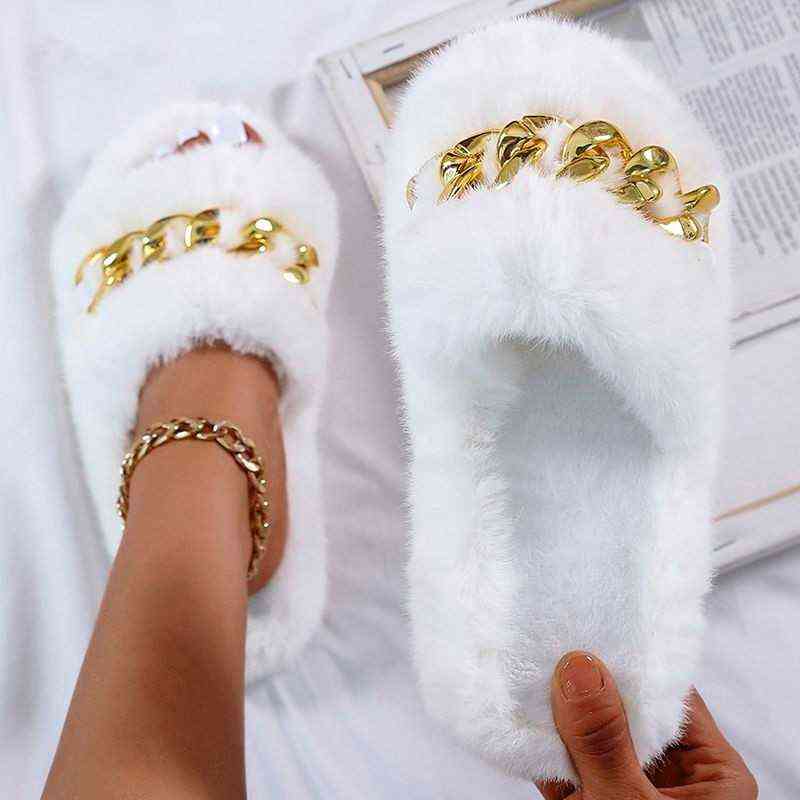 

Women's Slippers Metal Chain Ytmtloy Open Toe Furry Shoes Female Solid Color Soft Bottom House 2021 Indoor Zapatillas Mujer Casa H1122, Beige