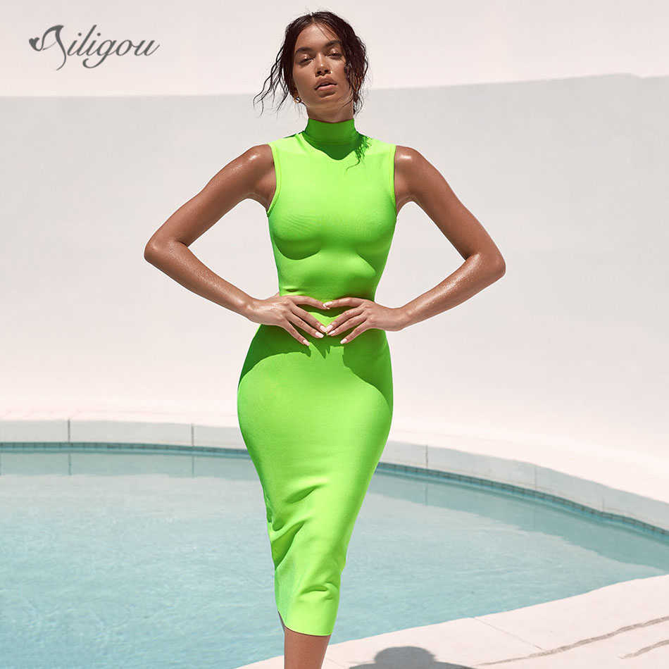 

Women's Bandage Dress Celebrity Club Party Sexy Bodycon High Collar Sleeveless Green Knee Vestidos 210527