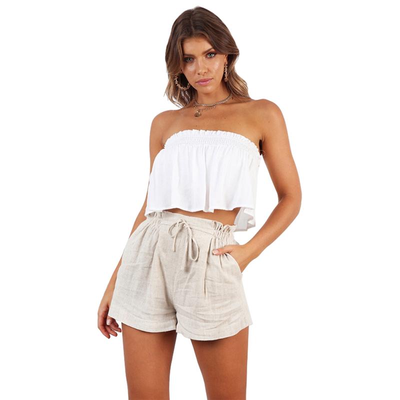 

Women' Shorts Loose Women Summer Solid Color Casual Cotton High Waisted OL Elastic Waist Flare, Beige