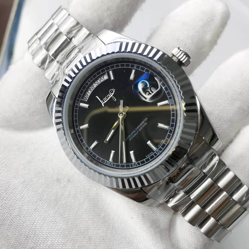 Wristwatches Luxury Silver Watch Black Dial Automatic DAY-DATE Style Self-wind Watches Stainless Steel Sweeping Wristwatch-image-701720971