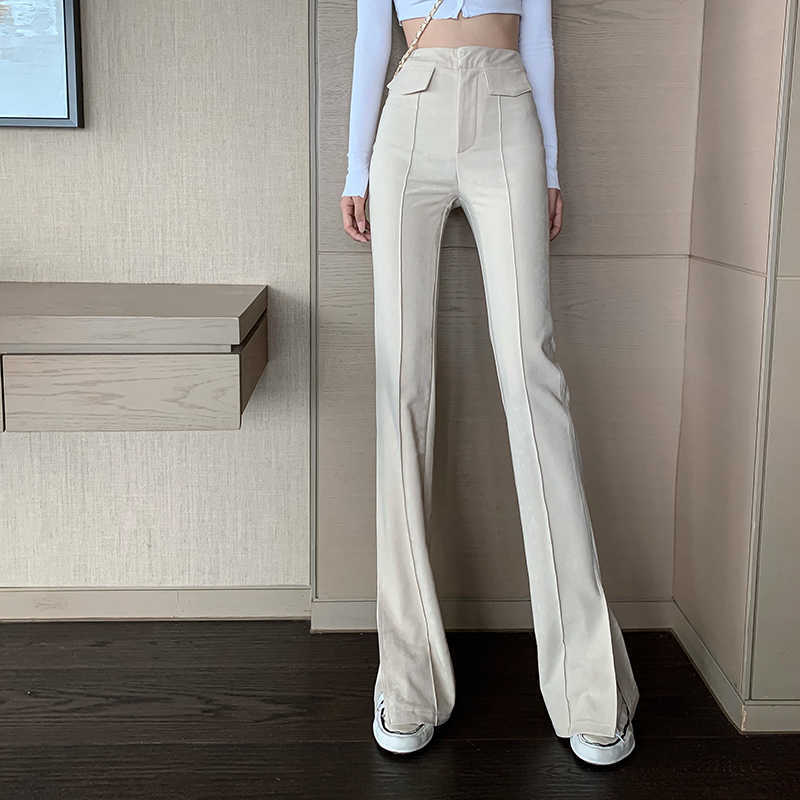 

Streetwear Boot Cut Sweatpants Tracksuit Women's Pants High Waist Side Split Fashion Skinny Long Trousers Y2k Capris 210604, Apricot