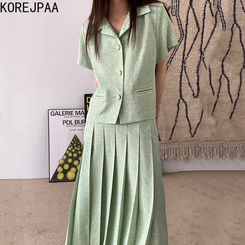 

Korejpaa Women Sets Summer Korean Chic Ladies Simple Avocado Green Lapel Loose Short Sleeve Blazer High Waist Pleated Skirt 210526