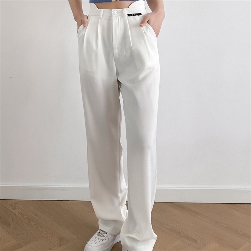 

Spring Summer Women two colors long trousers mid waist button straight pants high quality chiffon 210524, Blue