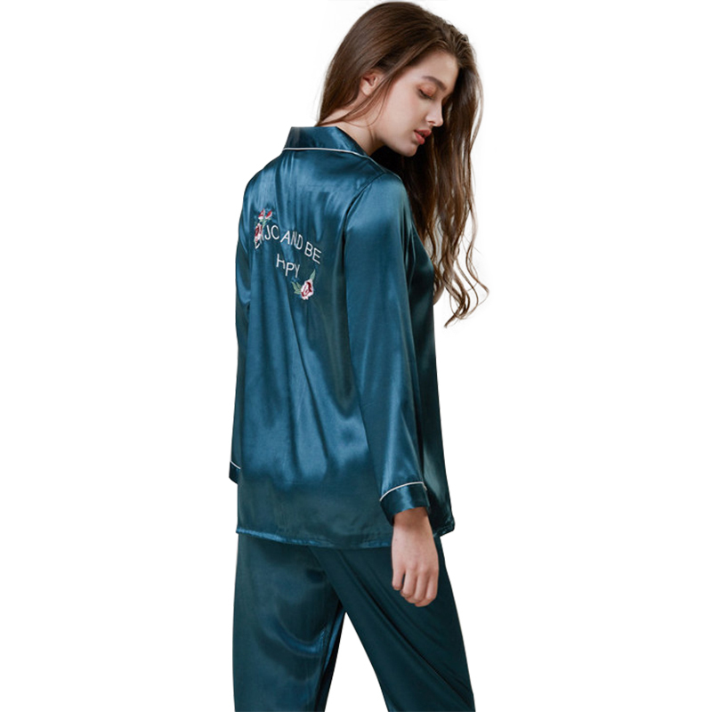 sleepwear Women Faux Silk Sleepwear Pajamas Set Flower Print Embroidered Long Sleeves 2 Piece Spring Autumn Homewear Kvlp ADIA-image-671257275