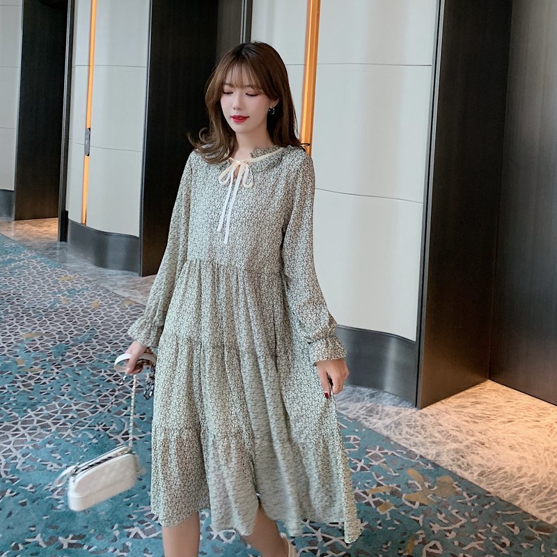 

Fashion dress female spring model Korean women's floral waist neckline tie chiffon long-sleeved 210524, Image color