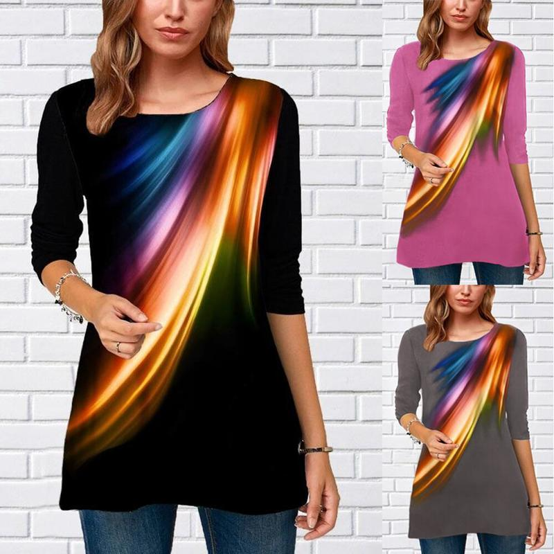 

Cross-border Hot Style Tops Round Neck Feather Print Slim Large Size Long-sleeved T-shirt Women, White