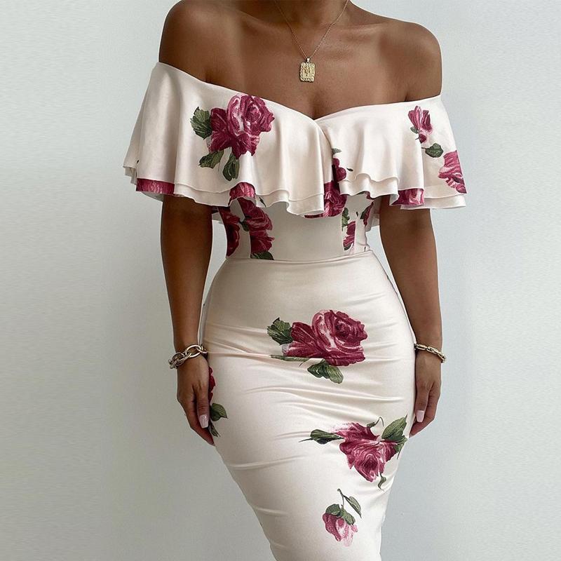 

Casual Dresses Sexy Backless Strapless Slim Dress Women Fashion Floral Printed Vestidos Elegant Double Ruffle Bodycon Party Summer, 05 pink