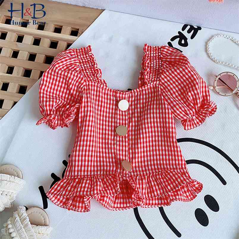 

Girls Puff-Sleeve Shirt Plaid Printed Color Children's Clothes T-Shirt Summer Children Casual Top For 2-6Y 210611, Bz2463 black