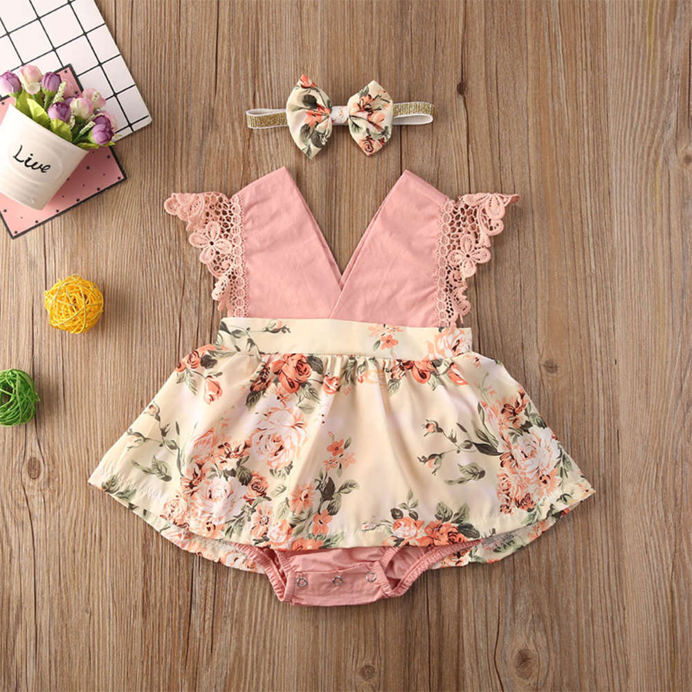 

Baby Siamese summer thin sleeveless Lace Floral Dress + bow scarf two piece climbing suit, White