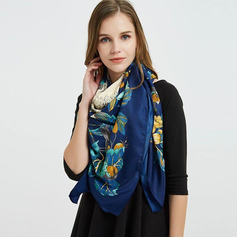

Scarves 130cm Bohemian Jungle Hillside Tree Headscarf Lady Simulation Silk Twill Big Square Geadscarf Travel Sunscreen Shawl Scarf, Blue;gray