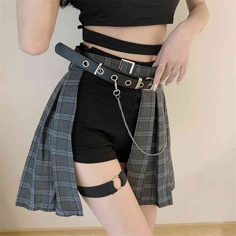 

Gothic Style Plaid Irregular Skirt Asymmetrical High Waist Pleated Mini Skirts Female Punk Skirt 210721, Belt