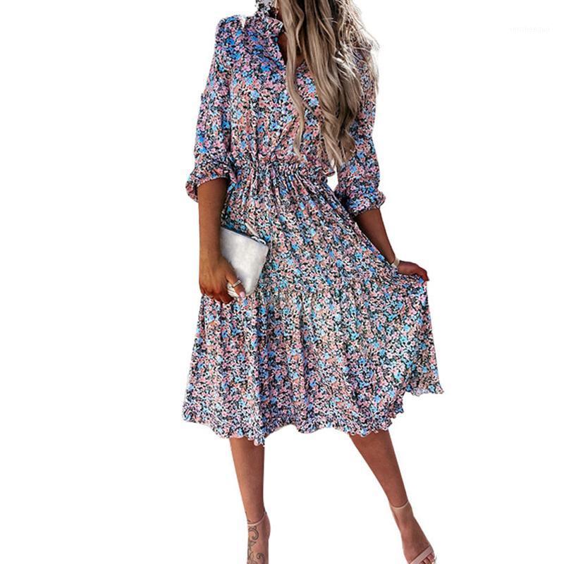 

Casual Dresses Women Tie-up Layered Adults Autumn Floral Print V-neck Long Sleeve Fashion And Cool Dress