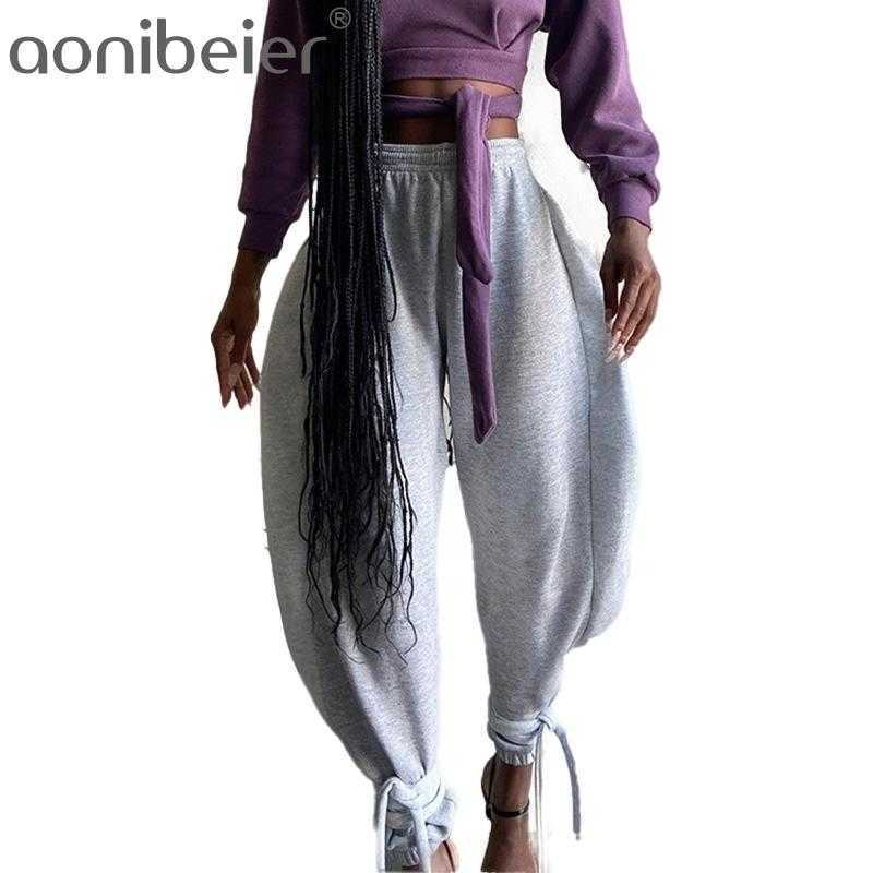 

Lace Up Hem Bloomers Pants Elastic High Waist Women Trousers Casual Work Harem Oversized Chic Ankle Length 210604, Grey