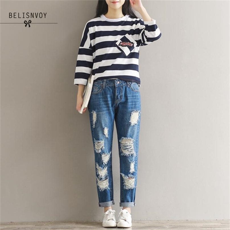 

Spring Autumn Ripped Jeans Women Pants Femme Trousers Casual Holes Torned Plus Size Denim Boyfriend Female 210520, Blue