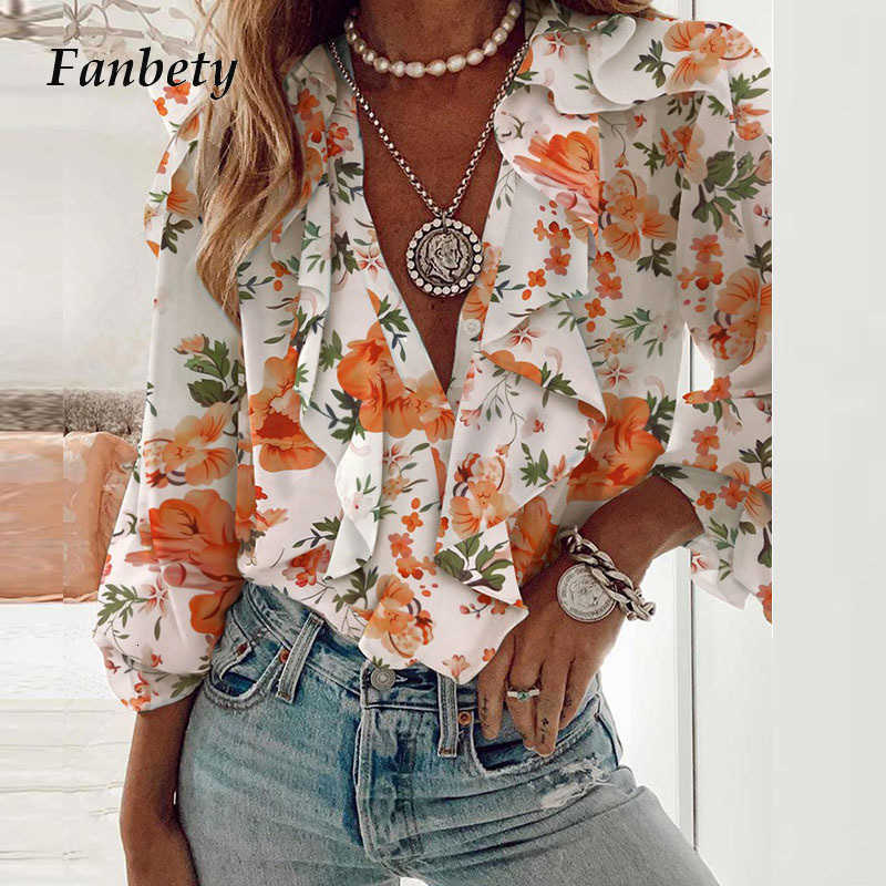 

Men's T-Shirts Women Vintage Floral Print Ruffle Sexy Deep v Neck Long Sleeve Ladies Blouse Spring Summer Casual Shirt Blusas YGON, Orange