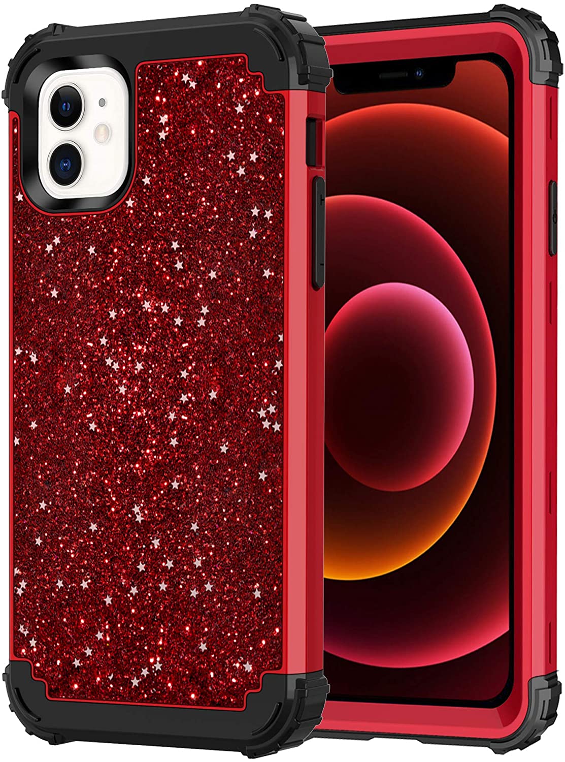

Bling Red Case for iPhone 12 Mini Luxury Stars Sparkle Glitter Shiny Heavy Duty Shockproof Full-Body Protective Cover