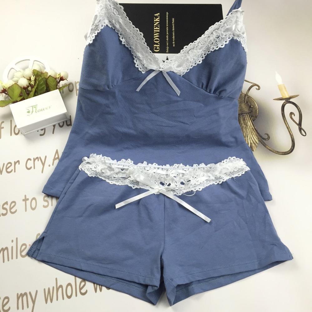 

2021 New Sexy Pijamas V-Ne Cotton Bundle Pajamas Womens Sleepwear Spaghetti Strap Lace Underwear Temptation Sleepwear E1280Free shipping by, Blue