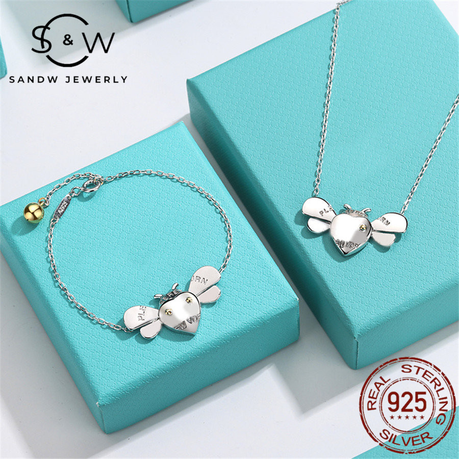 

SANDW S925 Sterling Silver Jewelry Set Bee Necklace Wasp Pendant Bracelet Clavicle Chain Ladies Charm Light Luxury Accessories High Quality