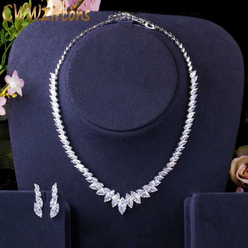 CWWZircons Top Quality Marquise Cut CZ Cubic Zirconia Wedding Choker Necklace and Earrings Bridal Prom Dress Jewelry Sets T398 H1022-image-734682842