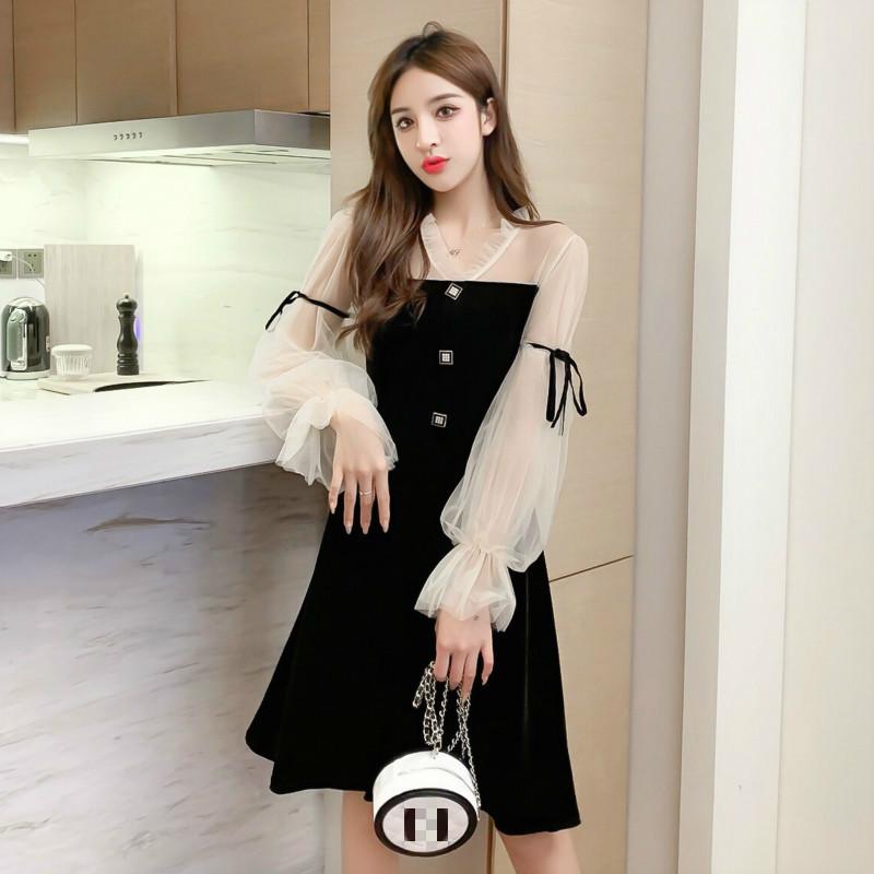 

Casual Dresses 2021 The Spring Women Gold Velvet Dress Long Sleeve Vintage Korean Fashion Elegant V-Neck Party Mesh Mini Clothes, Black