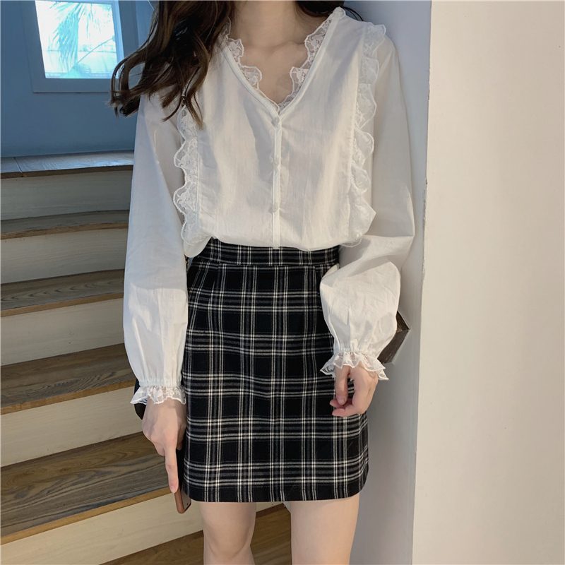 

2 colors autumn korean style v neck long sleeve blouse women cotton shirts loose vintage tops 2021 (cx1031), White