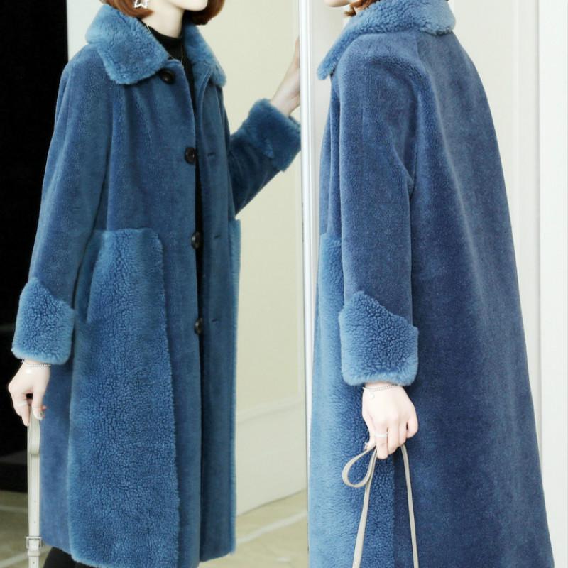 

Women's Fur & Faux Grain Velvet Wool One Long Coat 2021 Winter Haining Sheep Shearing Ladies, Black