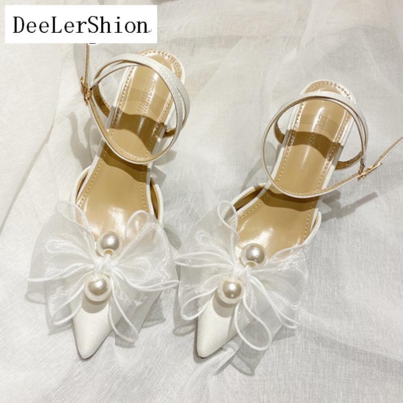 

Women Spring Brand Shoes Pearl Bow Fashion Point Toe Thin High Heels Soft Dress Autumn Female Wedding Pumps, Black