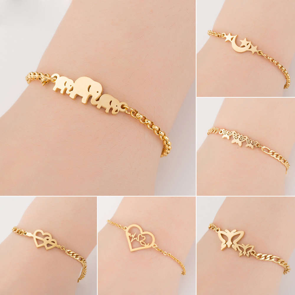 

Bracelet lady stainless steel simple elephant Moon Star peach heart arrow through the gesture, Golden;silver