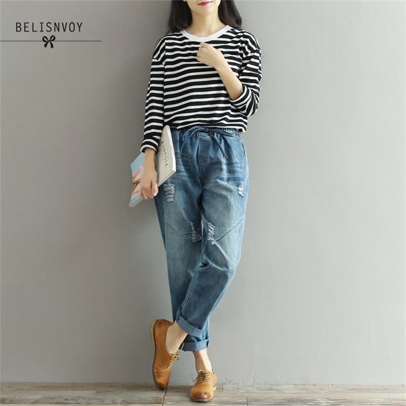 

Plus Size Woman Cool Patchwork Ripped Jean Boyfriend Femme Blue Women's Distressed Denim Jeans For Girl High Waist  210520