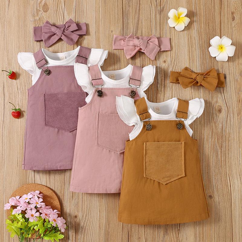 

Clothing Sets 3pcs Toddler Girls Summer Outfit Infant White Flying Sleeve Ribbed Romper + Suspender Dress Bowknot Headband For 0-18M