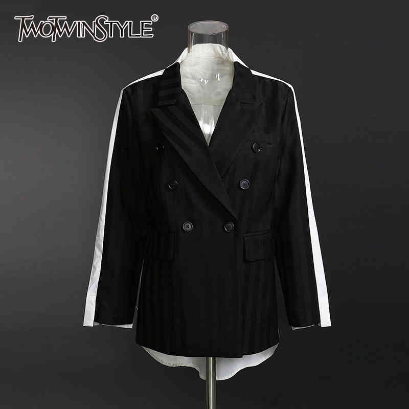 

Vintage Patchwork Blazer For Women Notched Long Sleeve hit Color Casual Loose Jackets Female Fashion Clothing 210524, Black