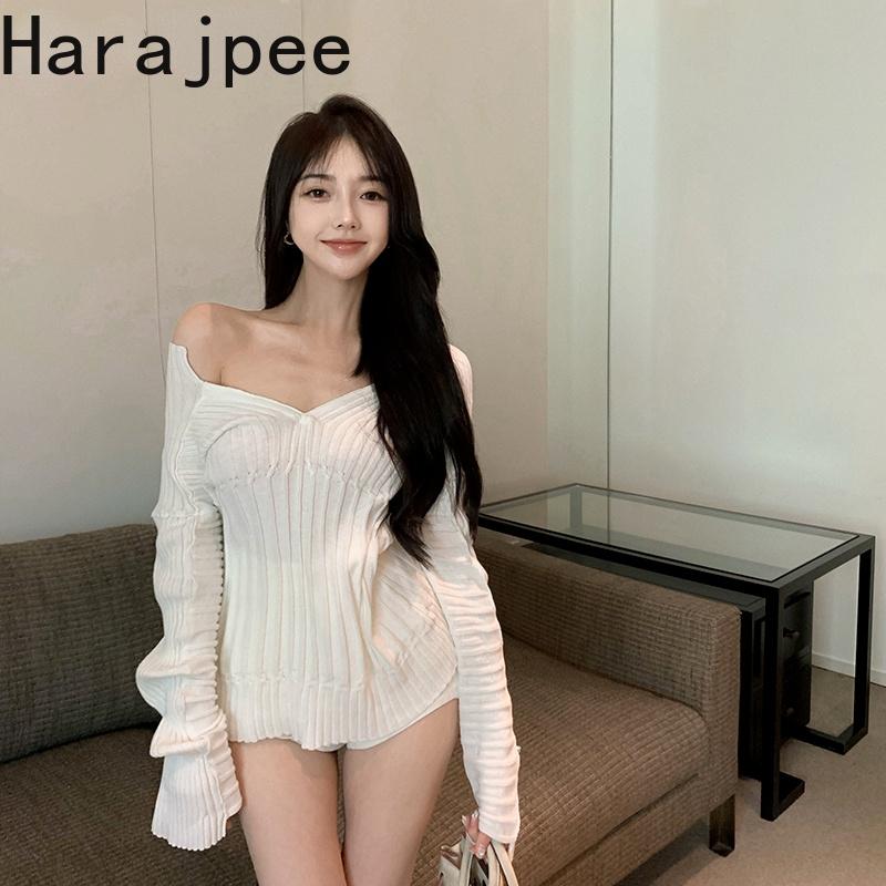 

women's sweaters harajpee women off-the-shoulder sweater short slimming inner deep v-neck long sleeve knitted 2021 spring autumn, White;black