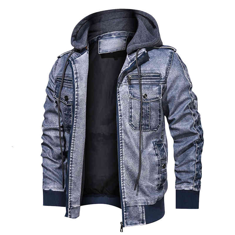 

Men's Jackets 2021 winter leather jacket of men's motorcycle fashion thick brown man's zipper hood outwear the size ue 5xl, Yq02dark blue