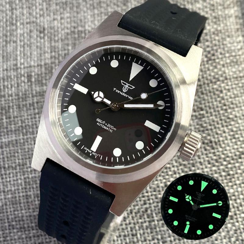 

Wristwatches Tandorio Sapphire Glass Brushed 20ATM NH35 PT5000 Black Dial Luminous Mechanical Mens Diver Watch Waffle Rubber Strap, Black1 with logo