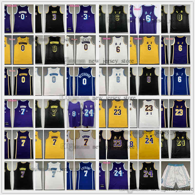 

75th Anniversary 2022 Purple New City Basketball 23# James Jerseys 6 Lebron Russell 0 Westbrook Carmelo 7 Anthony 3 Davis Jersey Stitched Quality Yellow White Short, As the picture