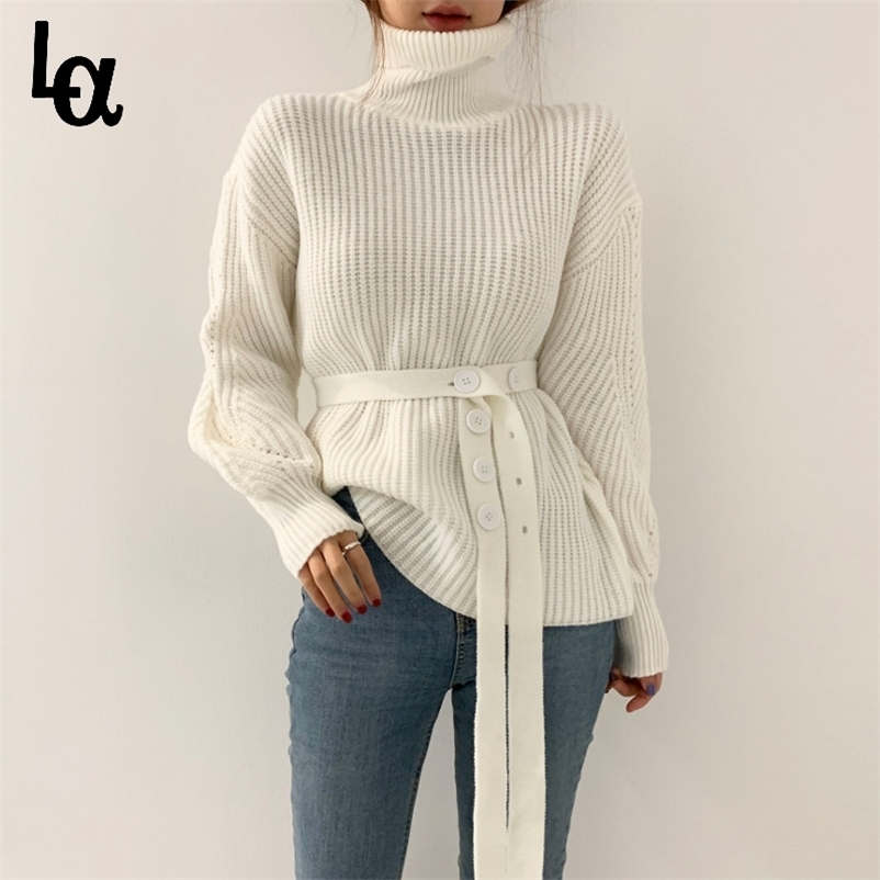 

Women Solid Lantern Sleeve Winter Thick Warm Sweater Ladys Elegant Turtleneck Casual Knitted Female Sashe Pullover 210519, Blue