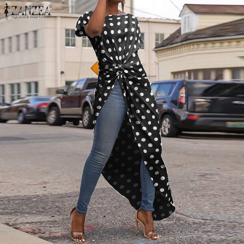 

Two Piece Dress Summer Tops Polka Dot Short Sleeve Blusa 2021 Women Asymmetrical Blouse Elegant Printed Female High Split Tunic Pl, Black