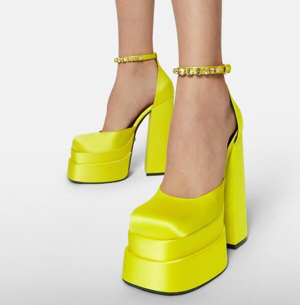 

Dress Shoes Fluorescent Yellow Pink Bling Crystal Ankle Wrap 140 Mm Chunky Heels Pumps Woman Thick Sole Platform Square Toe Mary Jane